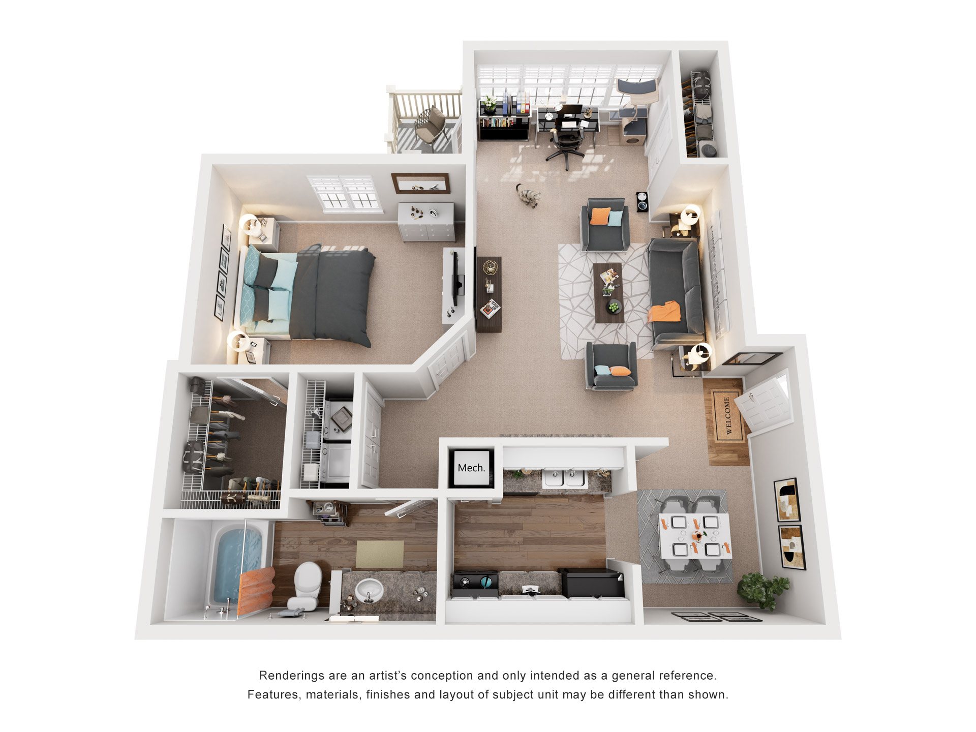 Floor plan for 1 bed, 1 bath, 900 sqft